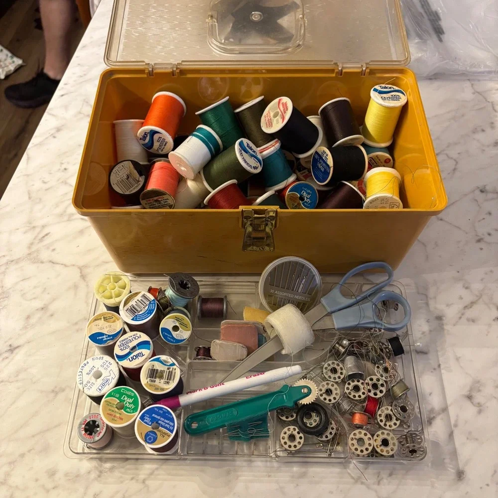 Vintage Sewing Kit Lot Yellow Case Spools Thread Bobbins Singer Tracing Wheel
